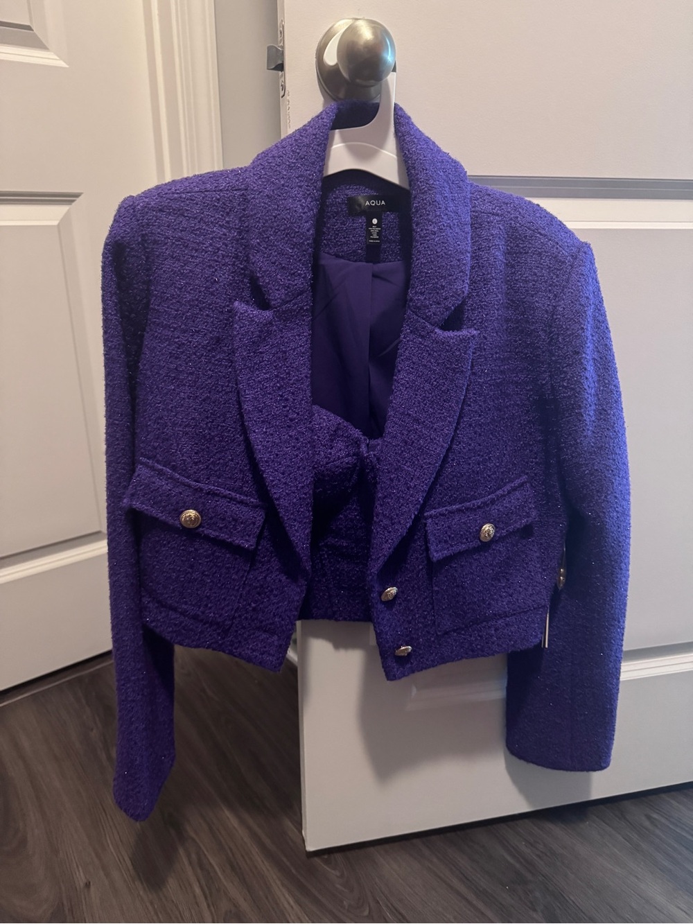 Aqua Purple Cropped Bouclé Blazer with Gold Buttons